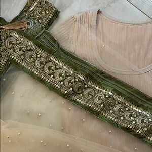 Sage & Beige Dupatta w/ Tassels & Crescent Embroidery in Antique Gold Threadwork